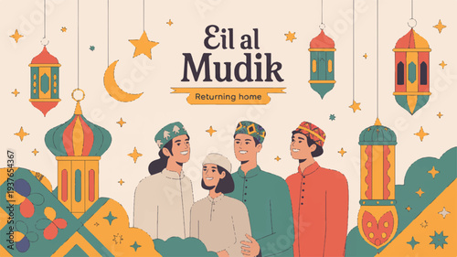 Eid al mudik celebration with family in traditional attire lanterns and mosque architecture in the background at night