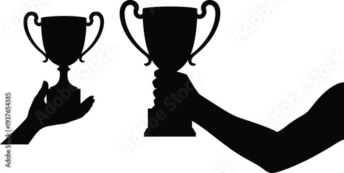 PrintBlack silhouette icons of hands holding trophy cups, representing success, victory, achievement, sports awards, and winning moments, isolated.