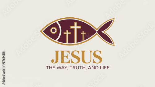 Christian fish symbol with crosses and jesus text on beige background representing faith and spirituality