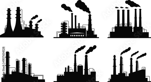 PrintBlack silhouette icons of industrial factory buildings, power plants, manufacturing facilities, and smoking chimneys for heavy industry vector.
