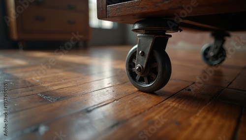 Dark wood furniture casters roll on polished hardwood floorboards. Vintage industrial style wheels attached to cabinet base. Interior home decor detail.