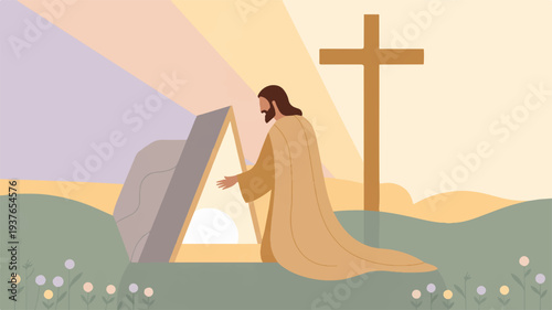 Jesus christ kneeling beside an empty tomb with a cross symbolizing resurrection and hope in a serene landscape