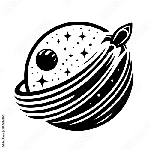 Classic space rocket blast off, monochrome engraving style, rocket flames and smoke clouds, starry sky circle background