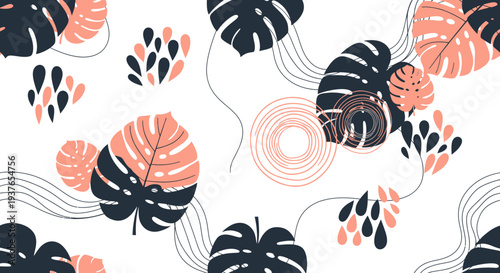 Vibrant tropical leaves in modern design with swirling lines on white background