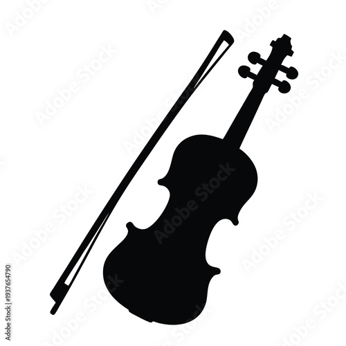 Silhouette of a violin and bow against a white background for musical artwork
