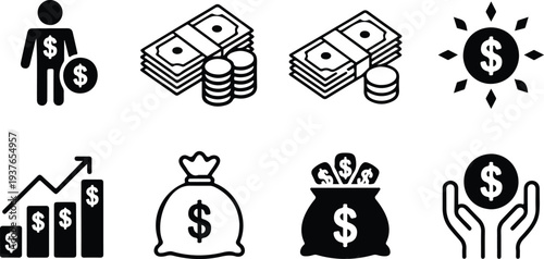 Clean Outline Investment and Financial Growth Icons with Cash Stack Dollar Bag and Profit Elements