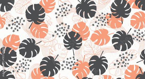 Vibrant monstera leaf pattern with flowers on white background