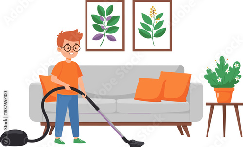 Little Boy Vacuum Cleaning Living Room Vector Illustration Showing Child Doing Household Chores, Home Hygiene, Responsibility and Helping with Housework
