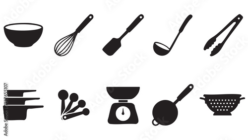 Cooking and baking equipment icons with mixing bowl whisk scale measuring spoons and colander
