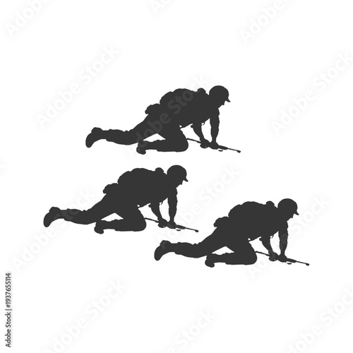 Silhouette of soldiers crawling on the ground, perfect for stealth, training, and infiltration mission visuals.
