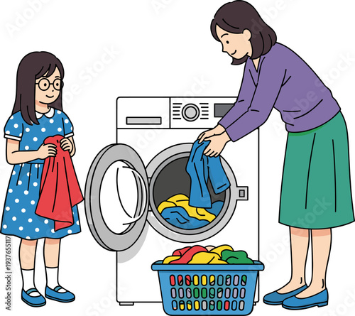 Mother and Daughter Doing Laundry Together Vector Illustration Showing Woman Loading Washing Machine While Child Helping with Clothes at Home