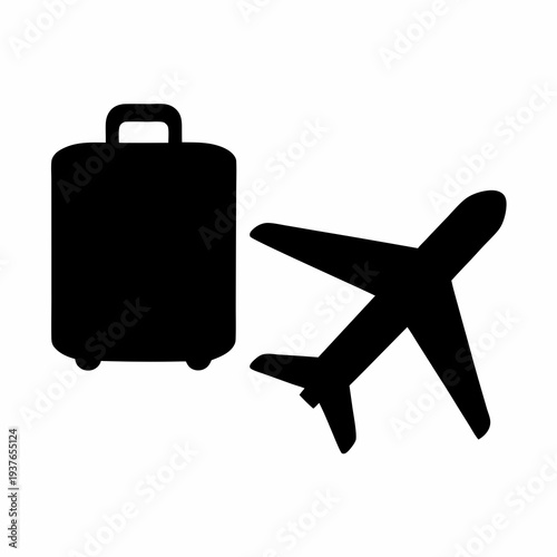 Black silhouette of an airplane taking flight alongside a travel suitcase