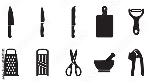 Professional knife set and food preparation tools with cutting board grater scissors and peeler icons