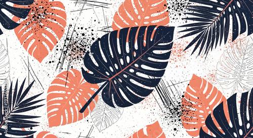 Vibrant tropical leaves in modern art style with coral and navy hues