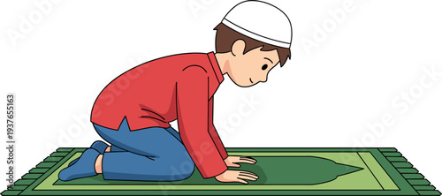 Muslim Boy Praying Salah on Prayer Mat Vector Illustration Showing Child Performing Islamic Prayer, Religious Worship, Faith Practice and Spiritual Education Concept