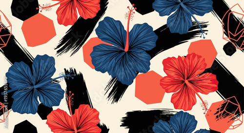 Vibrant tropical hibiscus flowers in modern abstract design