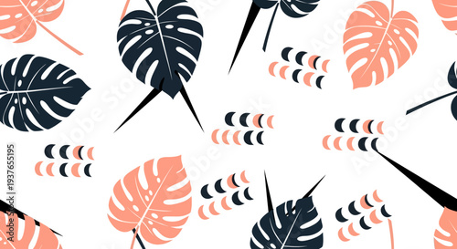Vibrant monstera leaf pattern with crescent moon shapes on white background