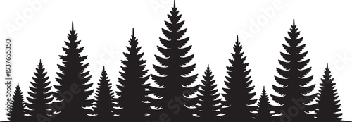 Black evergreen pine forest vector silhouette border for nature and adventure design