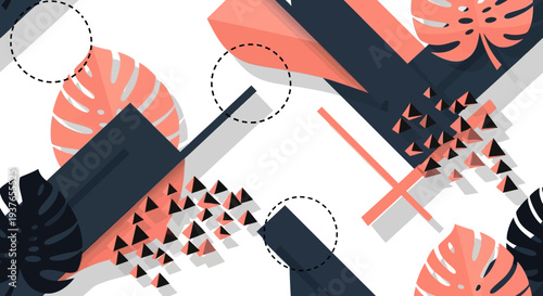 Vibrant geometric pattern with monstera leaves and abstract shapes