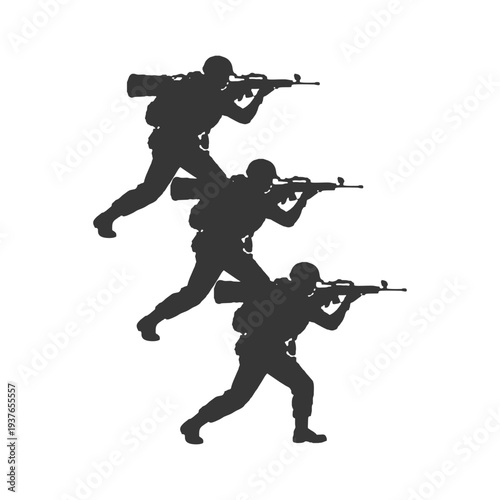 Silhouette of three soldiers in stacked tactical formation, ideal for squad tactics and breach mission designs.