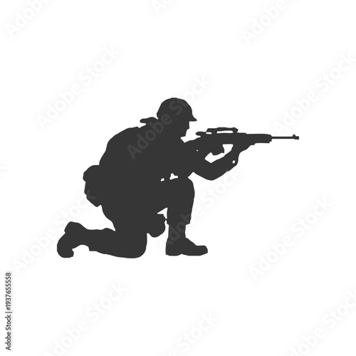 Silhouette of a kneeling soldier aiming a rifle, suitable for sniper, defense, and tactical precision visuals.