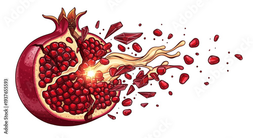 A vibrant pomegranate exploding with juicy seeds and pulp scattered around, isolated on a plain background, viewed from a straightforward angle.
