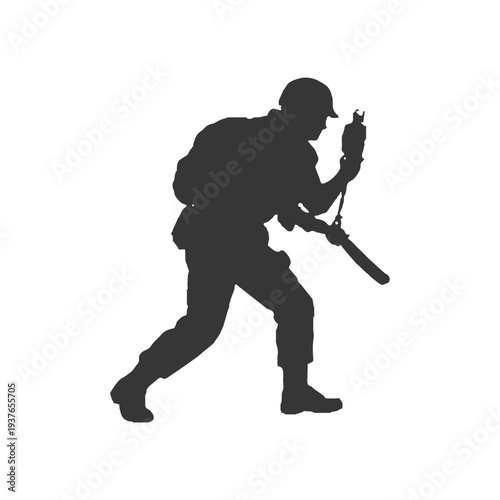Silhouette of a soldier using a radio or walkie-talkie, perfect for military communication and command themes.
