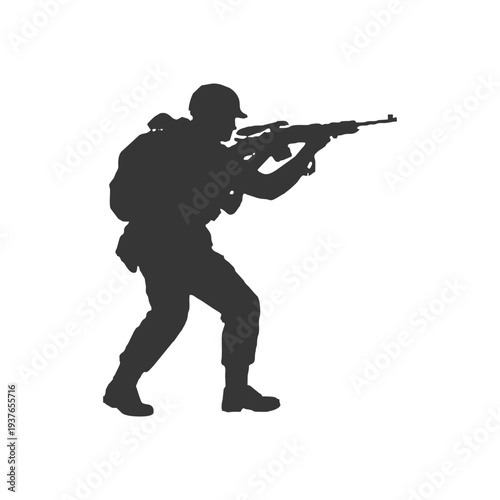 Silhouette of a soldier standing and aiming, suitable for guard duty, patrol, and tactical readiness visuals.