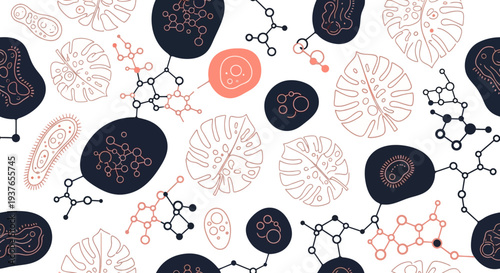 Vibrant scientific illustration of bacteria, molecules, and leaves on white background