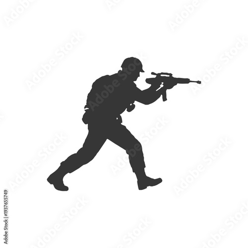 Silhouette of a soldier running and gesturing, ideal for leadership, command, and squad movement graphics.
