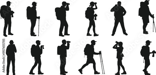 PrintBlack silhouette set of hikers and backpackers with trekking poles, binoculars, and cameras for outdoor adventure travel designs.