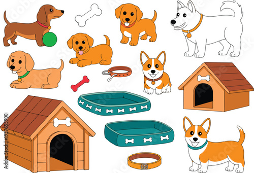 Adorable Puppy and Dog Accessories Cartoon Vector Set with Kennel Bone Bed and Toys
