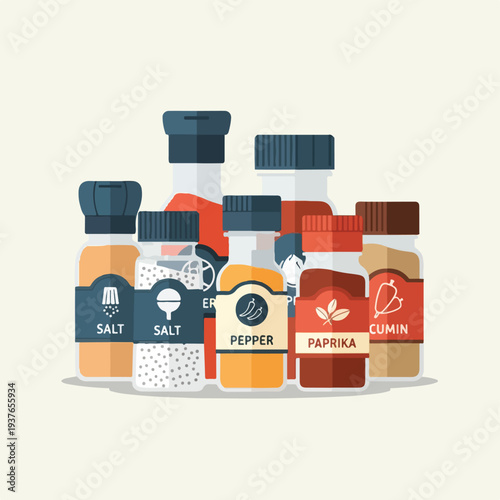 Assorted spice bottles on a neutral background for cooking and recipe design
