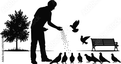 PrintBlack silhouette of a man feeding pigeons in a park near a tree and bench, isolated vector illustration.