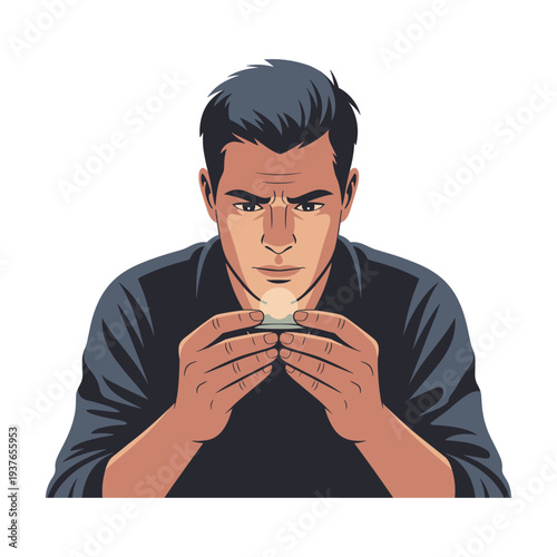 Man intensely staring at a glowing orb in his hands