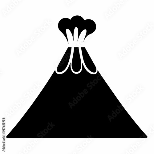 Black and white minimalist volcano eruption graphic, simple and bold line drawing