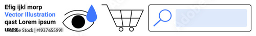 Digital marketing, e-commerce tools, online search, vision, web design, retail solutions. Eye with teardrop, shopping cart and search bar icons. Digital marketing and e-commerce tools concept