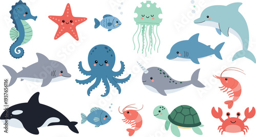 Cute ocean animals cartoon collection with dolphin, shark, octopus, turtle, jellyfish, crab and seahorse adorable sea life vector illustration set