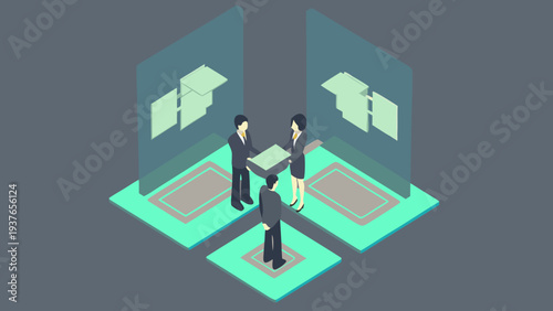 Business professionals collaborating in a virtual reality environment with futuristic cubicles and green floor mats