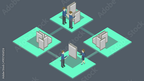 Vector illustration of digital paperwork automation with people interacting on computers connected by lines on green platforms