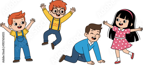 Happy Kids Playing and Jumping Together Vector Illustration Showing Children Having Fun, Active Childhood Playtime and Joyful Friendship Activity