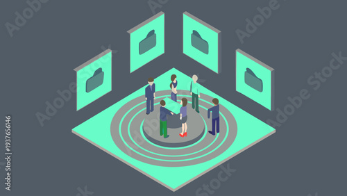 Remote team meeting in virtual office with screens and people collaborating around a table in a futuristic workspace