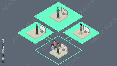 Diverse office workers collaborate remotely on computers in a vector illustration of teamwork and communication