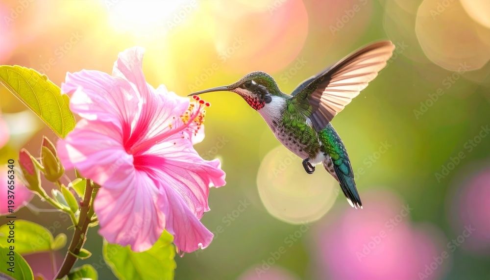 Fototapeta premium A small ruby-throated hummingbird with vibrant green feathers hovers in flight while feeding on a colorful nature flower with its long beak