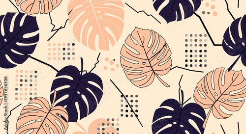 Vibrant tropical leaf pattern with modern geometric dots on beige background