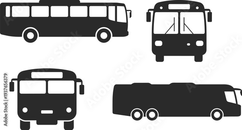 PrintBus silhouettes set, public transport vehicle icons collection, city bus vector illustration isolated black transportation design elements