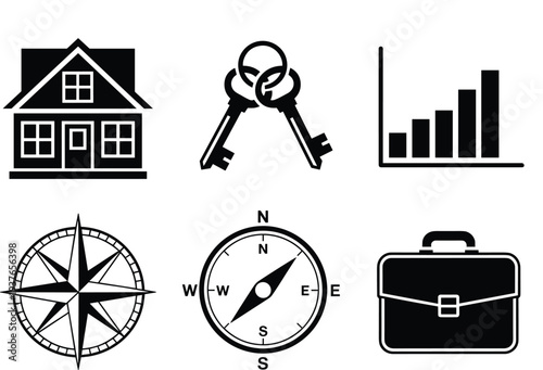 PrintBusiness and real estate icon set featuring house, keys, growth graph, compass, and briefcase for professional financial services.