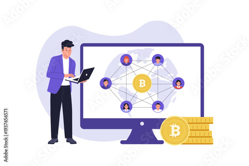 Decentralized Finance DeFi Network and Peer to Peer Trading Concept. A man managing a global peer-to-peer network on a computer screen with Bitcoin integration, representing decentralized finance