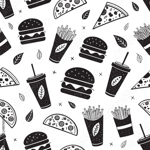 Black and white doodle pattern of fast food and leaves burger pizza slice french fries soda cup