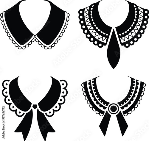 PrintCollection of black silhouette icons featuring vintage detachable collars, lace Peter Pan necklines, decorative fashion accessories, and ornate neckwear.